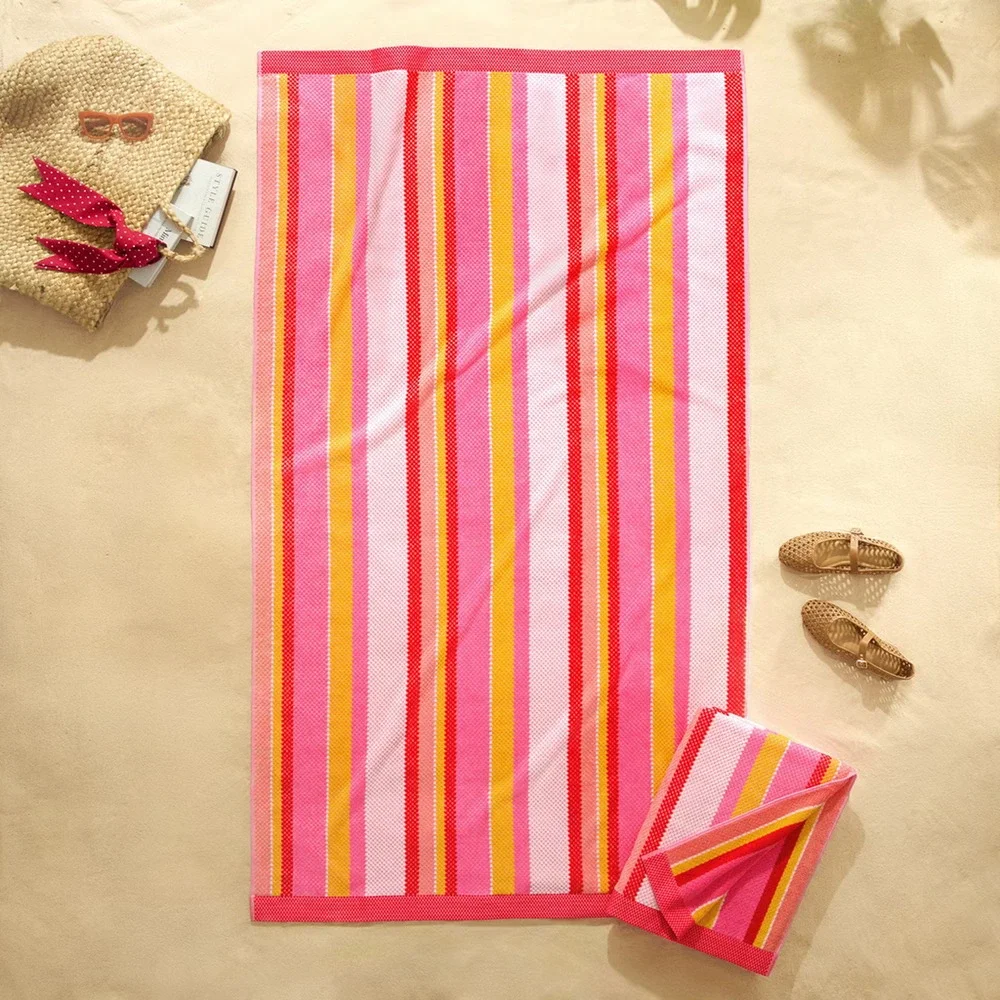 2 Pack New Welspun Doris Stripe Beach Towels 2 Pack 40x72 Pink 100% Cotton